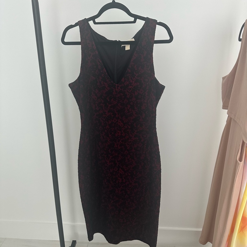 Michael Kors Black and Burgundy Jacquard Midi Dress